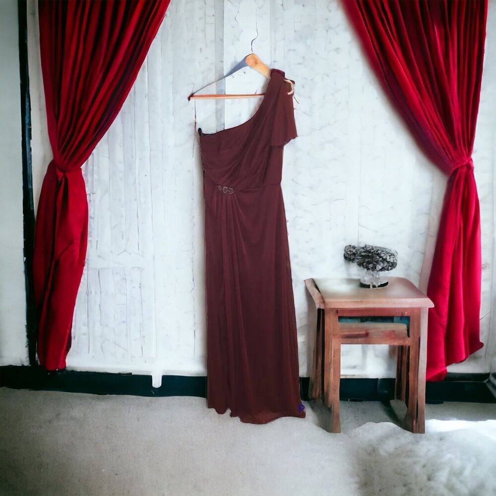 Davids Bridal Bridesmaid Formal‎ Dress One Shoulder Mesh Beads Wine Size 6